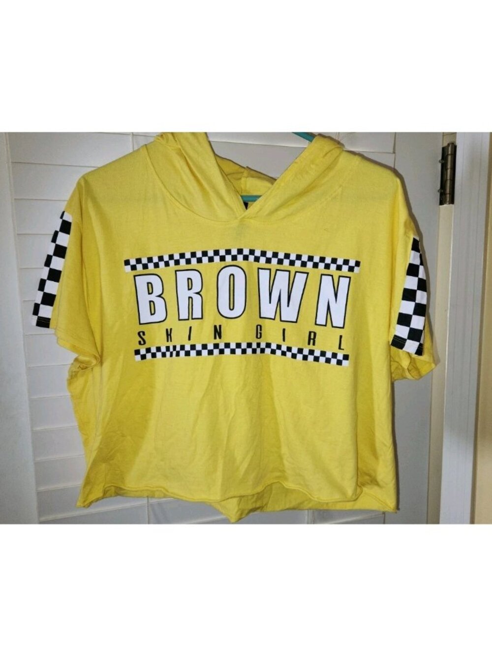 ELECTRIC PINK Womens XL BROWN SKIN GIRL Crop Hoodie Yellow Checkerboard Racing